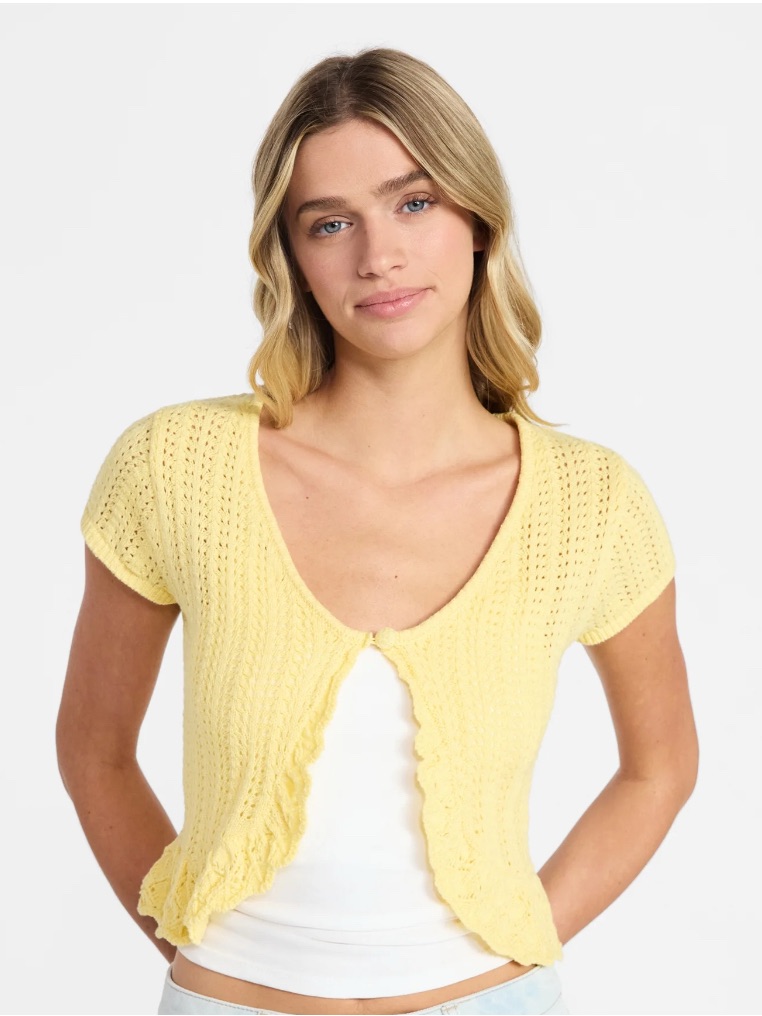 No Boundaries Short Sleeve Deep V-Neck Pointelle Cardigan Lemon Ice